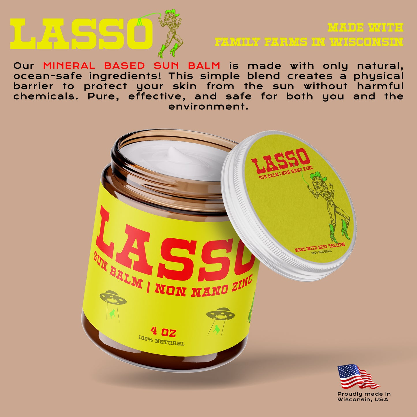 Lasso Non-Nano Zinc Sun Balm – 100% Natural Tallow-Based Sunbalm | Reef-Safe Mineral Protection (4oz)