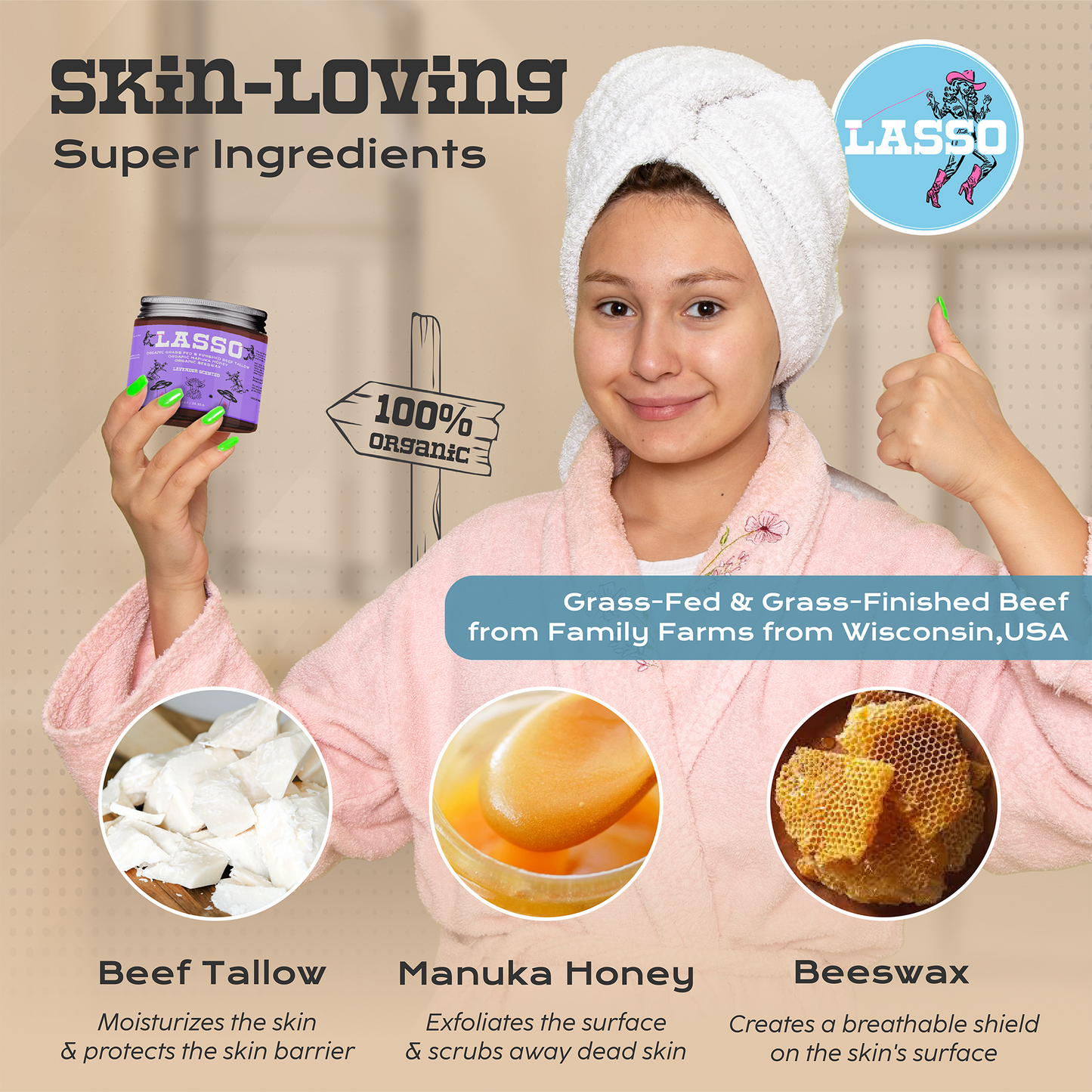 Lasso Organic Grass-Fed Tallow Balm with Manuka Honey & Beeswax – Natural Moisturizer for Face, Body & Dry Skin (4oz)