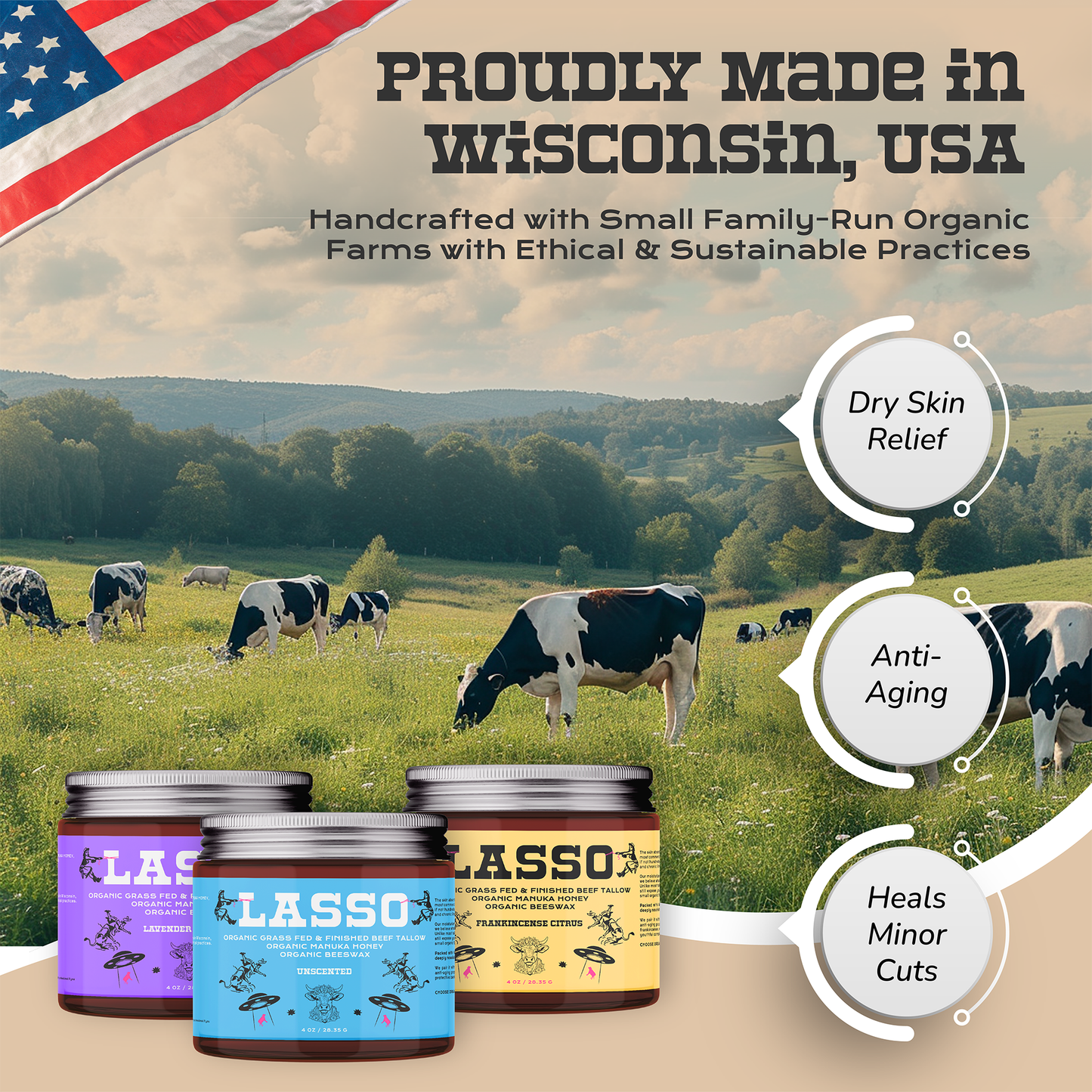 Lasso Organic Grass-Fed Tallow Balm with Manuka Honey & Beeswax – Natural Moisturizer for Face, Body & Dry Skin (4oz)