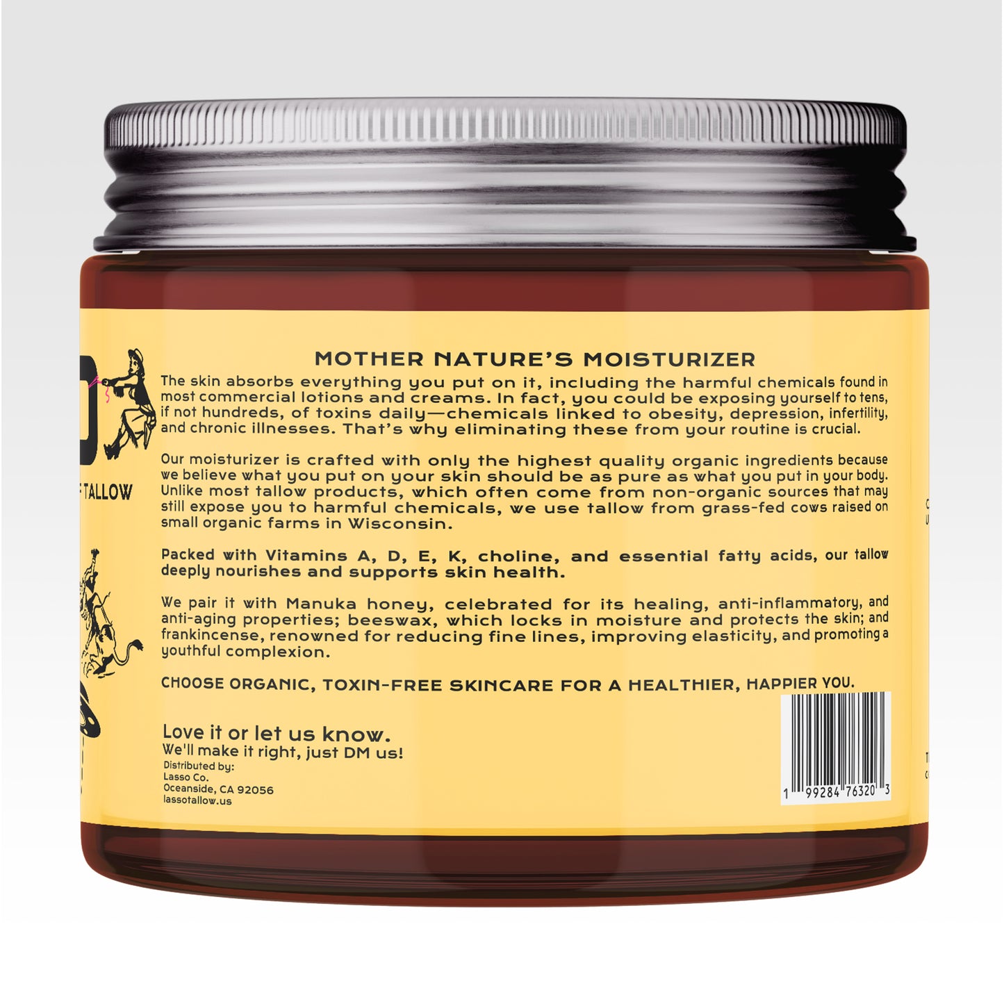 Lasso Organic Grass-Fed Tallow Balm with Manuka Honey & Beeswax – Natural Moisturizer for Face, Body & Dry Skin (4oz)